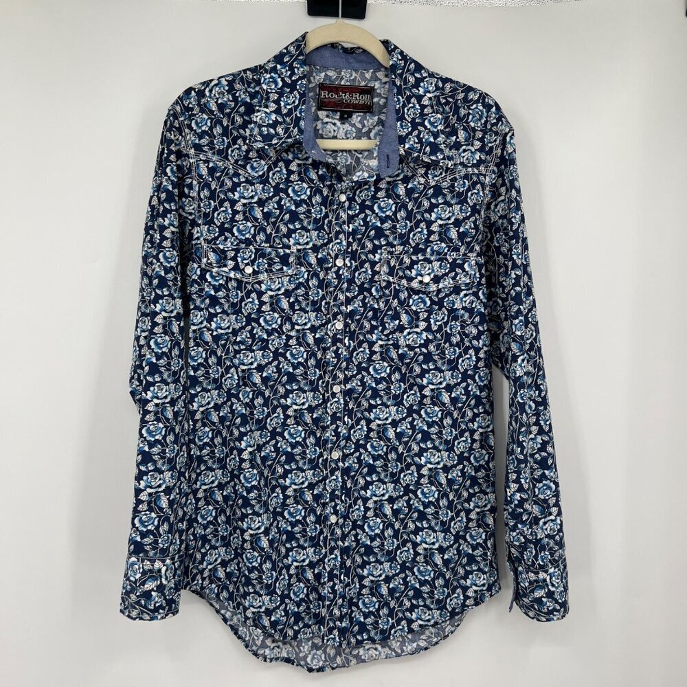 Rock & Roll Cowboy Mens Pearl snap shirt Paisley Blue Mens size small
